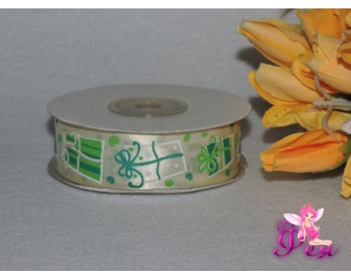 Лента атласная 25 мм с рисунком "Новогодний подарок" бежевая