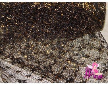 Фатин с люрексом, средняя жесткость, ширина 15 см, цв. черный с золотом ( отрез 1 м)