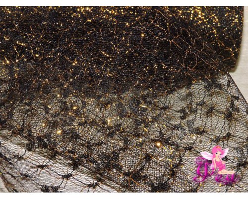 Фатин с люрексом, средняя жесткость, ширина 15 см, цв. черный с золотом ( отрез 1 м)