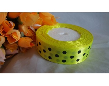 Атласная лента 25 мм ярко-лимонного цвета с рисунком "Крупный черный горох"