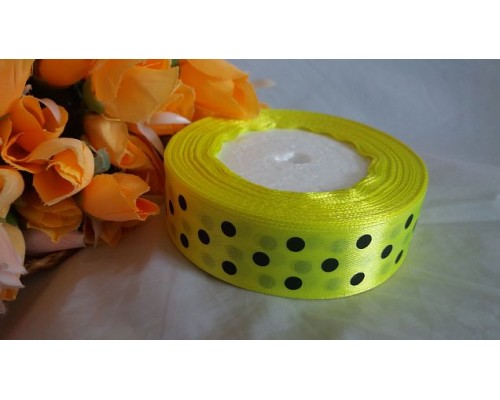 Атласная лента 25 мм ярко-лимонного цвета с рисунком "Крупный черный горох"
