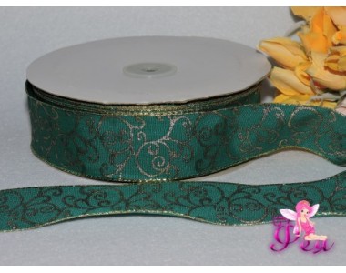 Лента декоративная 38 мм с золотым рисунком , цв. изумрудный ( с проволокой по краям)
