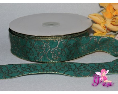 Лента декоративная 38 мм с золотым рисунком , цв. изумрудный ( с проволокой по краям)