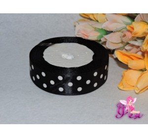 Атласная лента 25 мм  с рисунком "Крупный белый горох", черного цвета - 1м