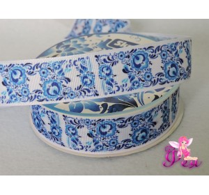 Лента репсовая 25 мм с рисунком "Гжель"