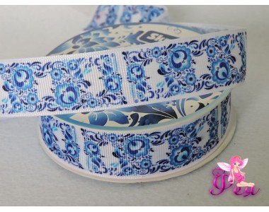Лента репсовая 25 мм с рисунком "Гжель"