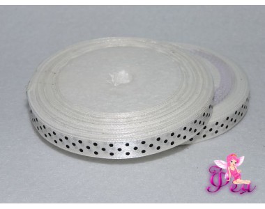 Лента атласная 10 мм молочного цвета в рисунок "Мелкий  черный горох"