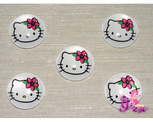 Кабошон стеклянный с рисунком 25 мм "Китти с цветочком" - 1шт