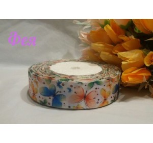 Атласная лента с рисунком белого цвета с рисунком "Разноцветные бабочки" (мультики, 3D) 25мм