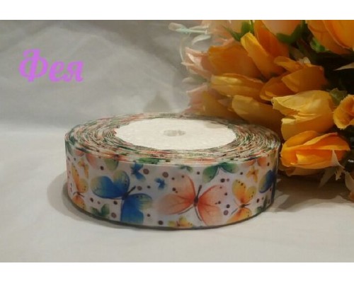 Атласная лента с рисунком белого цвета с рисунком "Разноцветные бабочки" (мультики, 3D) 25мм