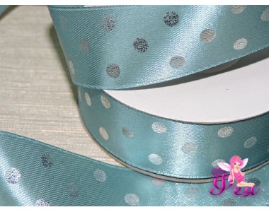 Атласная лента 25 мм в горошек серебряный, цв.  бирюзовый
