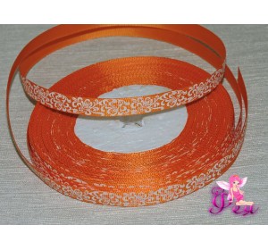  Репсовая лента 10мм,  оранжевого цвета  с рисунком "Белый расписной узор"