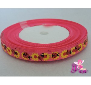 Лента репсовая с рисунком "Божьи коровки" 10мм,  розовый