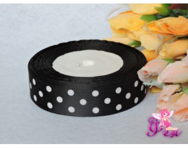 Репсовая лента 25 мм черного цвета с рисунком "Крупный белый горох" D 400/80 25 мм