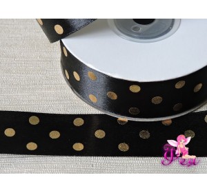 Атласная лента 25 мм в горошек золотой, цв. черный