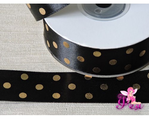 Атласная лента 25 мм в горошек золотой, цв. черный