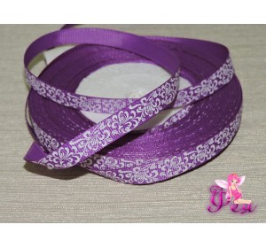  Репсовая лента 10мм,  фиолетового цвета  с рисунком "Белый расписной узор"