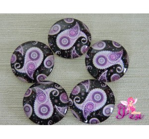 Кабошон стеклянный с рисунком 25мм, "Розовый узор на черном фоне" 