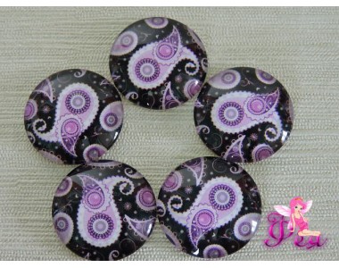 Кабошон стеклянный с рисунком 25мм, "Розовый узор на черном фоне"