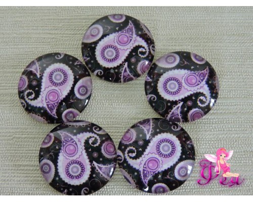 Кабошон стеклянный с рисунком 25мм, "Розовый узор на черном фоне" 