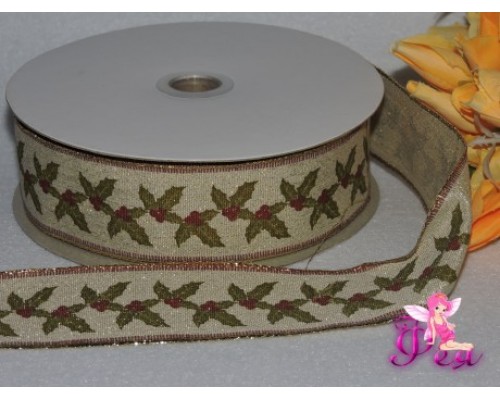 Лента декоративная с рисунком " Новогодний венок" 38 мм (с проволокой по краям)