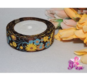 Атласная лента 25 мм с рис. "Цветы" цв. шоколадный