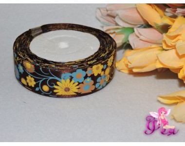 Атласная лента 25 мм с рис. "Цветы" цв. шоколадный