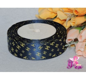 Атласная лента 25 мм темно-синего цвета с рисунком "Шанель золото"