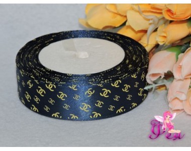 Атласная лента 25 мм темно-синего цвета с рисунком "Шанель золото"