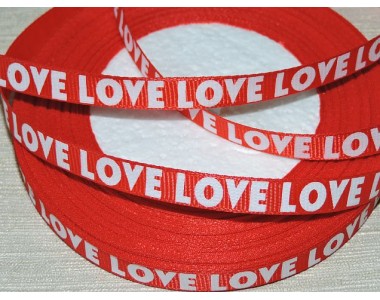 Репсовая лента 10 мм, с рисунком "LOVE", цв. красный- 1м