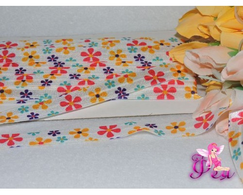 Тесьма эластичная 15 мм с рисунком «Цветочки разноцветные» (отрез 70 см)