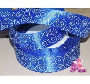 Лента атласная 25 мм, с рисунком "Узор", цв. синий - 1м