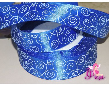 Лента атласная 25 мм, с рисунком "Узор", цв. синий - 1м