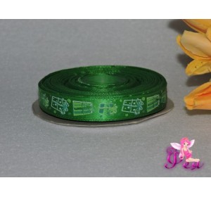 Лента атласная 15 мм с рисунком "Новогодний подарок" зеленый