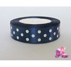 Лента атласная 25 мм с рисунком " Крупный белый горох", темно-синего цвета  - 1м