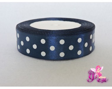 Лента атласная 25 мм с рисунком " Крупный белый горох", темно-синего цвета  - 1м