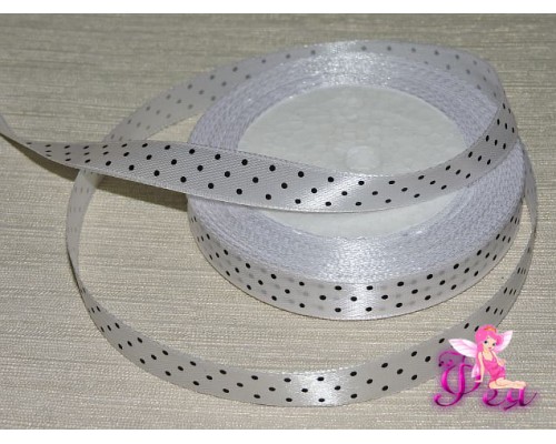 Атласная лента 10 мм белого цвета с рисунком "Мелкий черный горох" - 1 м.