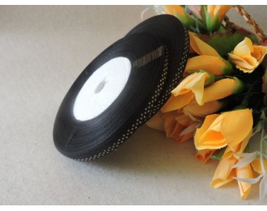 Атласная с рис. горох 6мм*45м, черного цвета с рисунком "Мелкий белый горох"