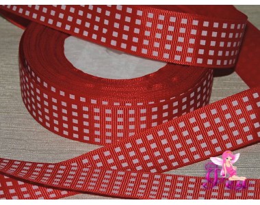Лента репсовая 25 мм с рисунком "Клетка" цв. красный