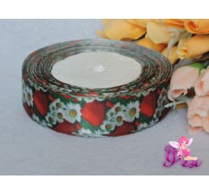 Атласная лента с рисунком "Клубничка"(мультики, 3D) 25мм