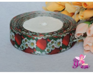 Атласная лента с рисунком "Клубничка"(мультики, 3D) 25мм