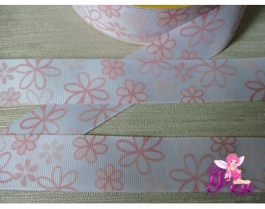 Репсовая лента 25 мм с рисунком "Цветочки", цв. розовый