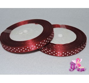 Лента атласная 10 мм бордового цвета с рисунок "Мелкий белый горох"
