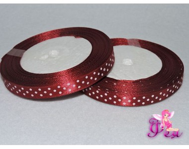 Лента атласная 10 мм бордового цвета с рисунок "Мелкий белый горох"