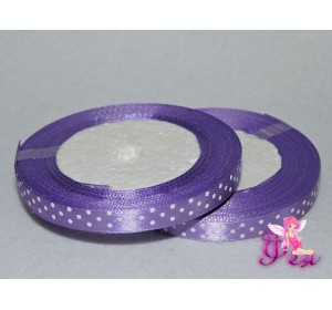 Лента атласная 10 мм фиолетового цвета в рисунок "Мелкий белый горох"