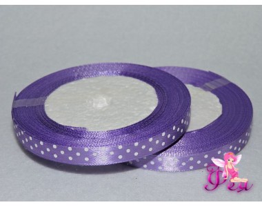 Лента атласная 10 мм фиолетового цвета в рисунок "Мелкий белый горох"
