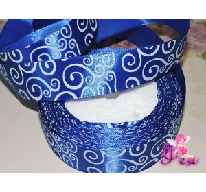 Лента атласная 25 мм, с рисунком "Завитки", цв. синий - 1м