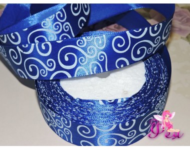 Лента атласная 25 мм, с рисунком "Завитки", цв. синий - 1м