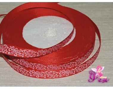 Репсовая лента с рисунком 10мм,  красного цвета с рисунком "Белый расписной узор"