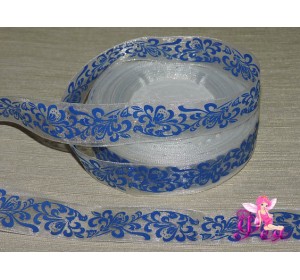  Органза 25 мм белого цвета с рисунком "Гжель".